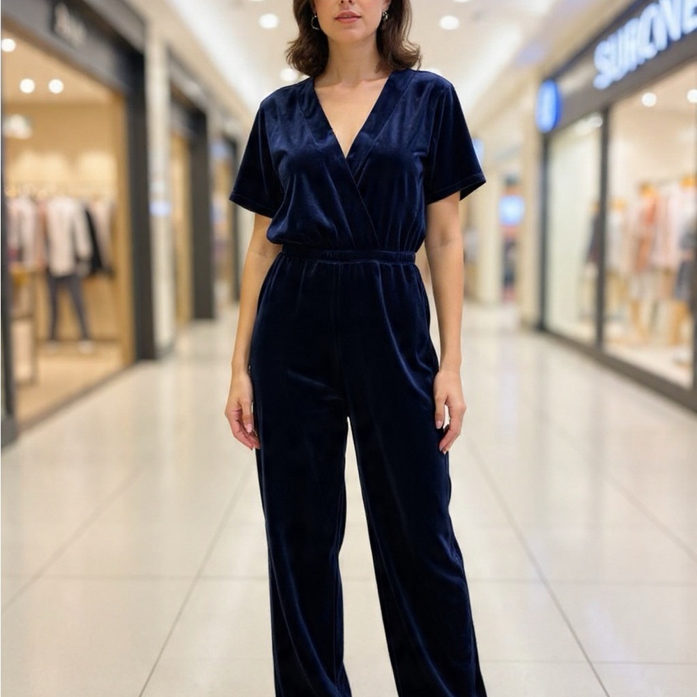 Saturday Sunday by Anthropologie Chic Velvet Navy Jumpsuit